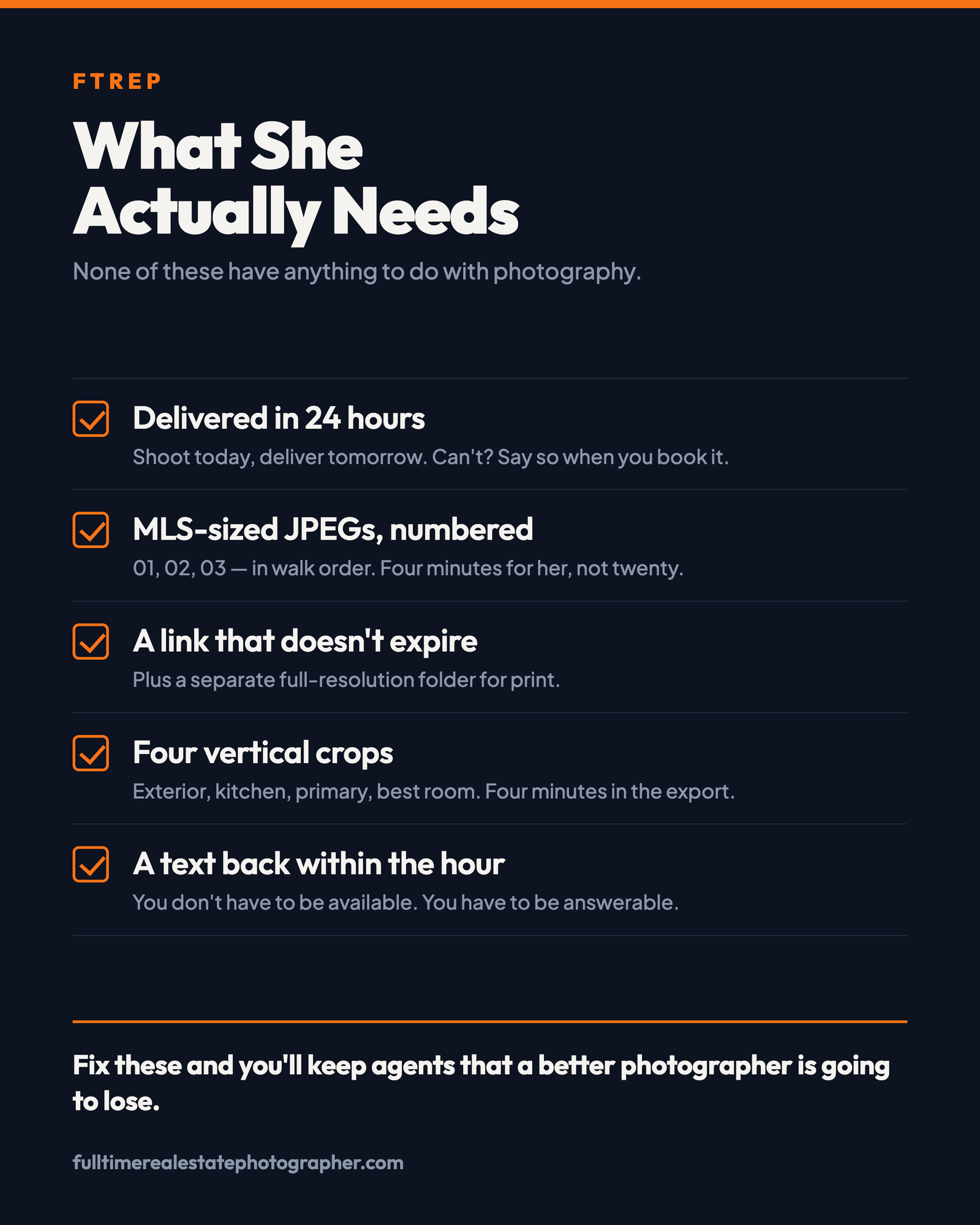 The delivery checklist card: MLS-sized JPEGs, walk-order file names, a link that doesn't expire, four verticals