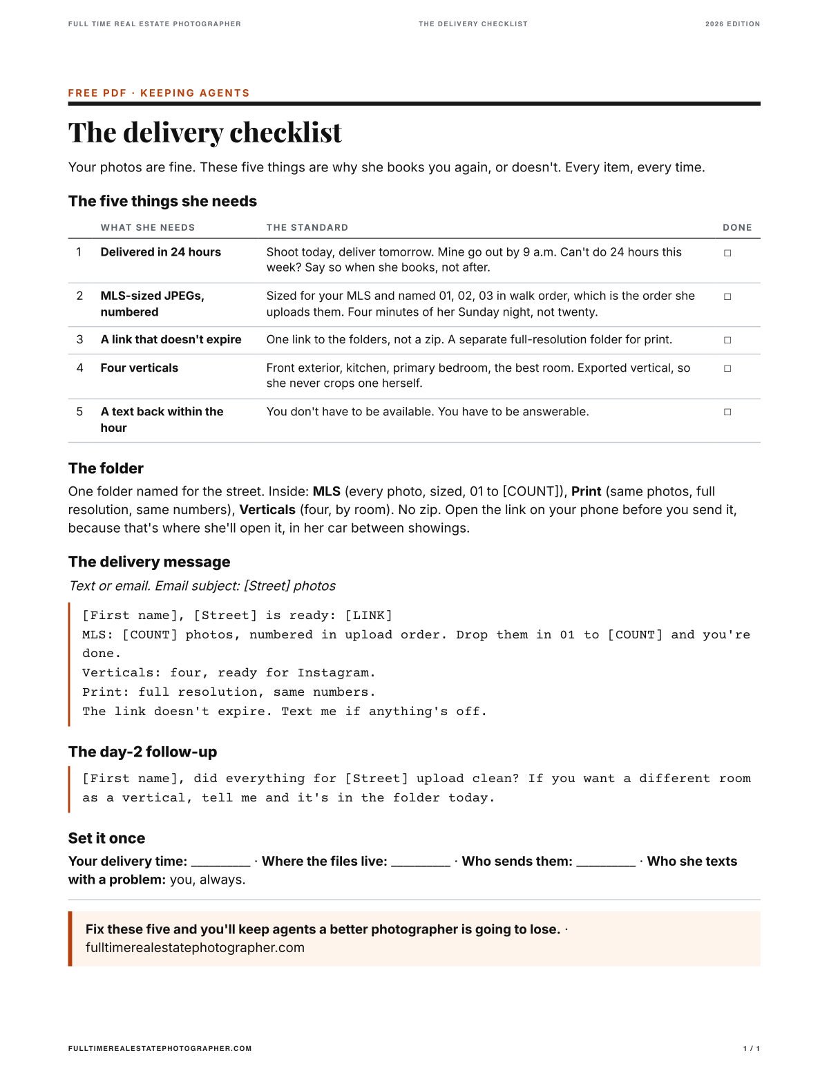 The delivery checklist: one Letter page with the five things an agent needs with every set of files, the delivery message word for word, and the day-2 follow-up.